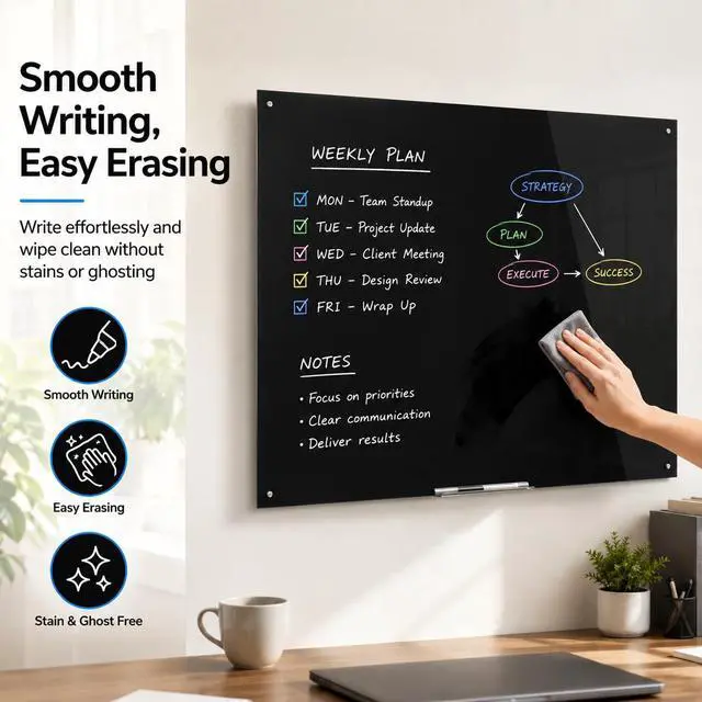 Alt view image 5 of 6 - Black Glass Dry Erase Board, Frameless Magnetic Glass Whiteboard 48" x 36" | Tempered Glass Surface, Dry Erase Board for Wall, For Office, School, Home, Includes Mounting Hardware & Tray