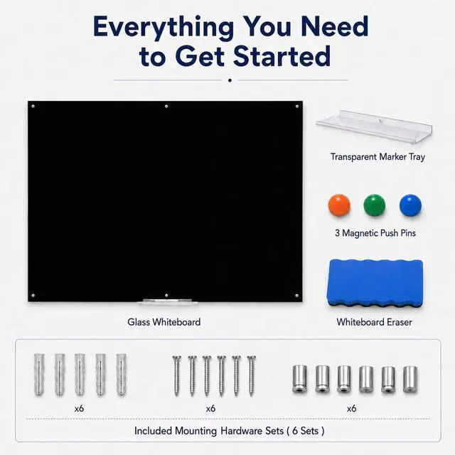 Alt view image 6 of 6 - Black Glass Dry Erase Board, Frameless Magnetic Glass Whiteboard 48" x 36" | Tempered Glass Surface, Dry Erase Board for Wall, For Office, School, Home, Includes Mounting Hardware & Tray