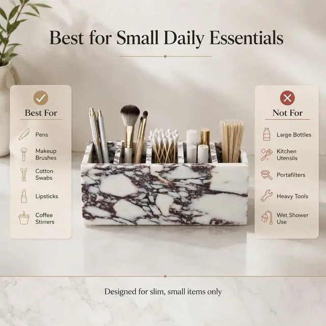 Alt view image 4 of 7 - 5-Compartment Marble Desk Organizer, 9.84 in | Natural marble 5-section organizer for pens, makeup brushes, cotton swabs, lipsticks, and slim daily items