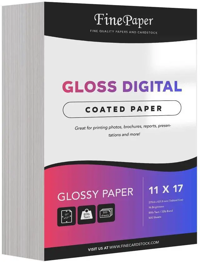 Main image of Gloss Digital Paper Perfect for Color Laser Printing, Design Proposals, Flyers, Brochures | 11 x 17 | Glossy 80lb Text (32lb Bond) | 96 Bright | Acid Free, Coated Finish | 500 Sheets per Pack