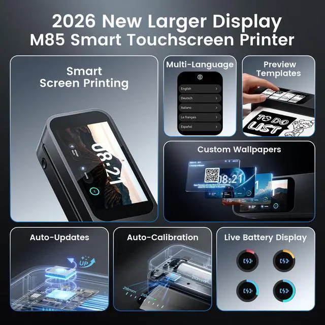 Alt view image 2 of 7 - M85 Portable Printers Wireless for Travel with Upgraded Touchscreen, Thermal Wireless Inkless Bluetooth Printer, Supports 8.5"x11"US Letter/A4, Compatible with iOS, Android, Windows, Mac