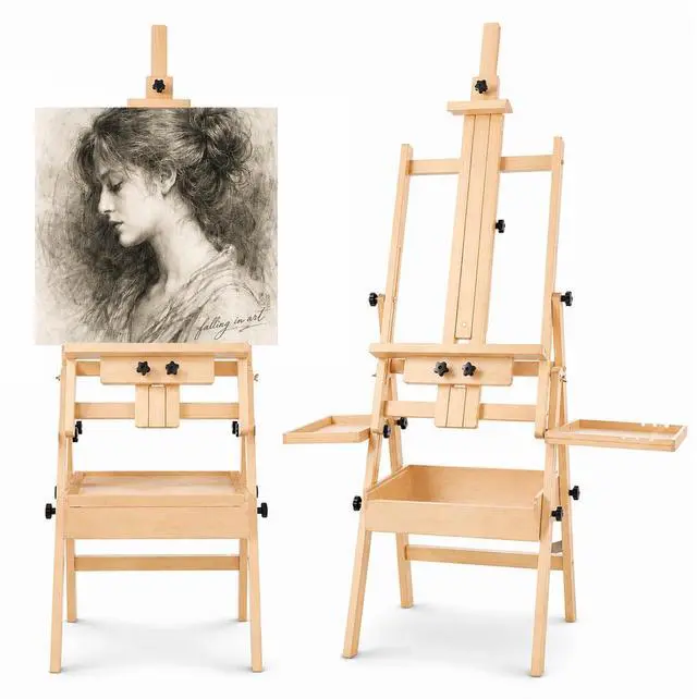 Main image of Large Horizontal Wooden Painting Easel, Holds up to 50'' | H-Frame Studio Easel Stand with Storage Drawer and Palettes, Suitable for Adults, Beginners, and Artists
