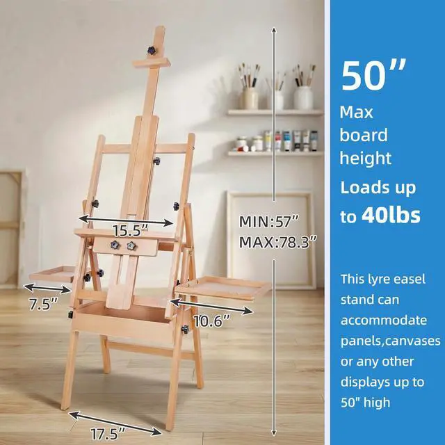 Alt view image 2 of 7 - Large Horizontal Wooden Painting Easel, Holds up to 50'' | H-Frame Studio Easel Stand with Storage Drawer and Palettes, Suitable for Adults, Beginners, and Artists