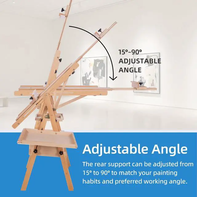 Alt view image 4 of 7 - Large Horizontal Wooden Painting Easel, Holds up to 50'' | H-Frame Studio Easel Stand with Storage Drawer and Palettes, Suitable for Adults, Beginners, and Artists