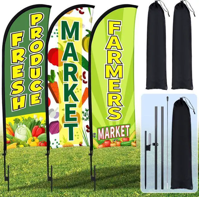 Main image of 3 Pack 12ft Fresh Produce Farmers Market Feather Flags Banners Advertising Sign Fresh Produce Flag with Flag Pole Ground Stake Portable Bag for Food Advertising Vegetable Business (Green)