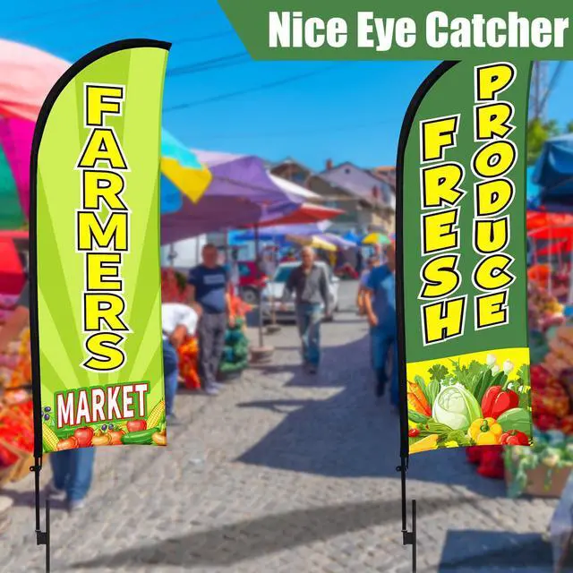 Alt view image 3 of 7 - 3 Pack 12ft Fresh Produce Farmers Market Feather Flags Banners Advertising Sign Fresh Produce Flag with Flag Pole Ground Stake Portable Bag for Food Advertising Vegetable Business (Green)