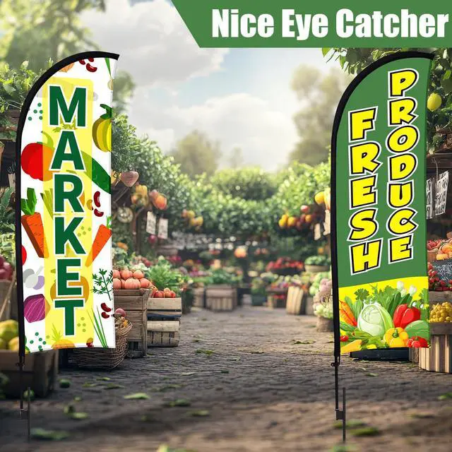 Alt view image 4 of 7 - 3 Pack 12ft Fresh Produce Farmers Market Feather Flags Banners Advertising Sign Fresh Produce Flag with Flag Pole Ground Stake Portable Bag for Food Advertising Vegetable Business (Green)