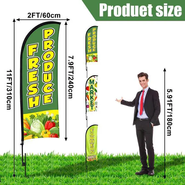 Alt view image 2 of 7 - 3 Pack 12ft Fresh Produce Farmers Market Feather Flags Banners Advertising Sign Fresh Produce Flag with Flag Pole Ground Stake Portable Bag for Food Advertising Vegetable Business (Green)