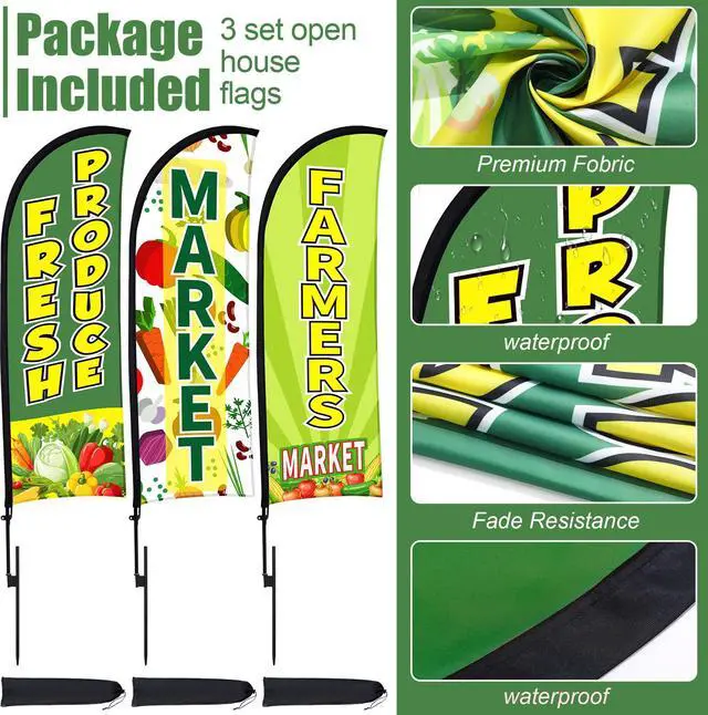 Alt view image 5 of 7 - 3 Pack 12ft Fresh Produce Farmers Market Feather Flags Banners Advertising Sign Fresh Produce Flag with Flag Pole Ground Stake Portable Bag for Food Advertising Vegetable Business (Green)