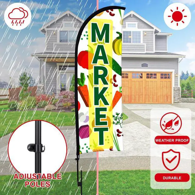 Alt view image 7 of 7 - 3 Pack 12ft Fresh Produce Farmers Market Feather Flags Banners Advertising Sign Fresh Produce Flag with Flag Pole Ground Stake Portable Bag for Food Advertising Vegetable Business (Green)