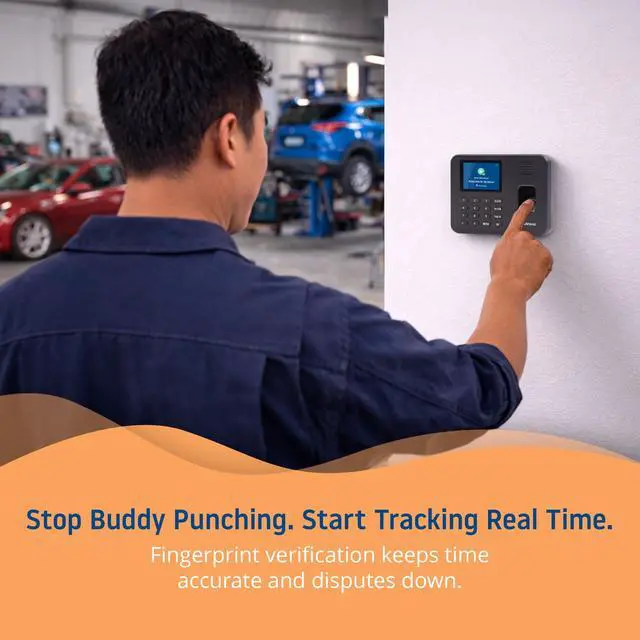 Alt view image 2 of 7 - RE2000 Biometric Time Clock for Employees Fingerprint + PIN Punching, WiFi Cloud Time & Attendance System with Offline Storage, Payroll-Ready Small Business Time Tracking