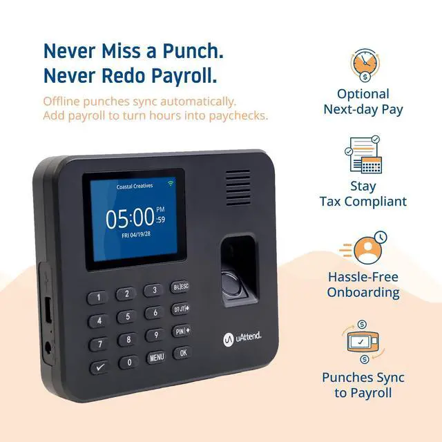 Alt view image 4 of 7 - RE2000 Biometric Time Clock for Employees Fingerprint + PIN Punching, WiFi Cloud Time & Attendance System with Offline Storage, Payroll-Ready Small Business Time Tracking