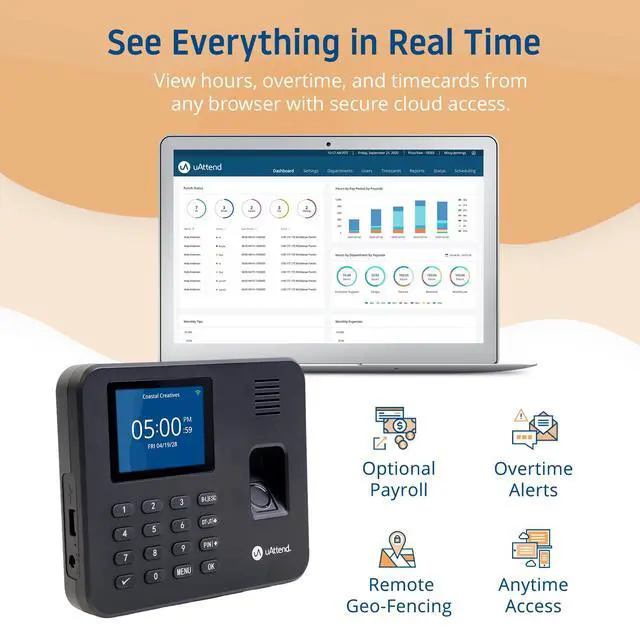 Alt view image 5 of 7 - RE2000 Biometric Time Clock for Employees Fingerprint + PIN Punching, WiFi Cloud Time & Attendance System with Offline Storage, Payroll-Ready Small Business Time Tracking