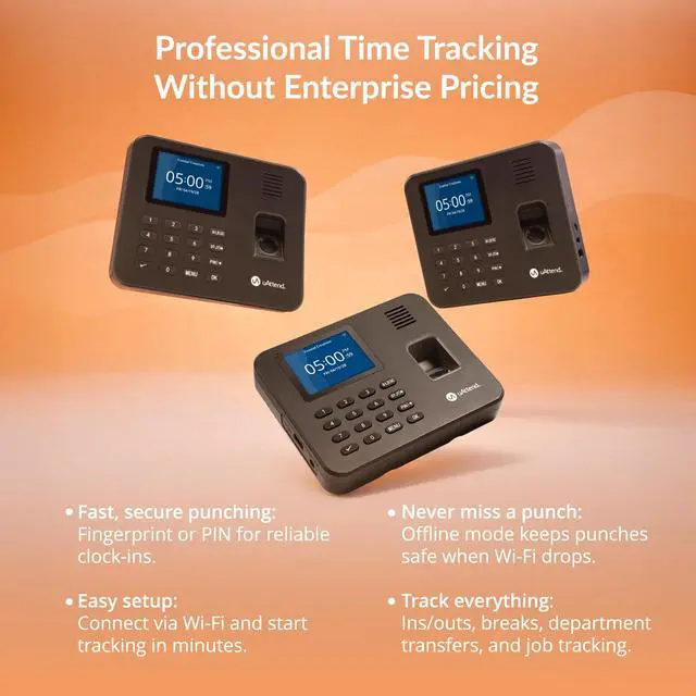Alt view image 6 of 7 - RE2000 Biometric Time Clock for Employees Fingerprint + PIN Punching, WiFi Cloud Time & Attendance System with Offline Storage, Payroll-Ready Small Business Time Tracking