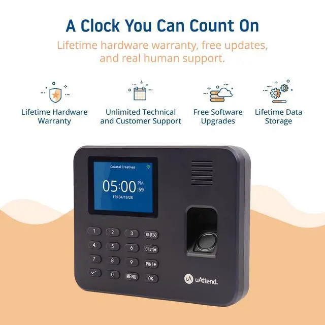 Alt view image 7 of 7 - RE2000 Biometric Time Clock for Employees Fingerprint + PIN Punching, WiFi Cloud Time & Attendance System with Offline Storage, Payroll-Ready Small Business Time Tracking