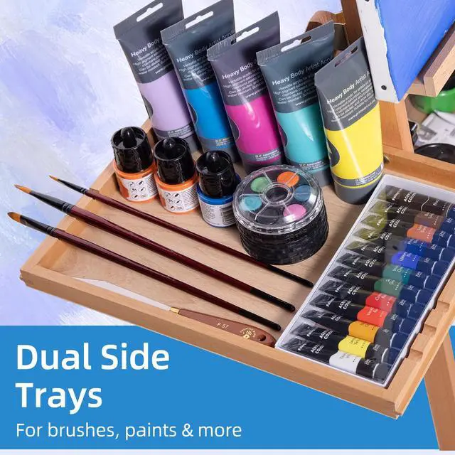 Alt view image 6 of 7 - Large Horizontal Wooden Painting Easel, Holds up to 50'' | H-Frame Studio Easel Stand with Storage Drawer and Palettes, Suitable for Adults, Beginners, and Artists