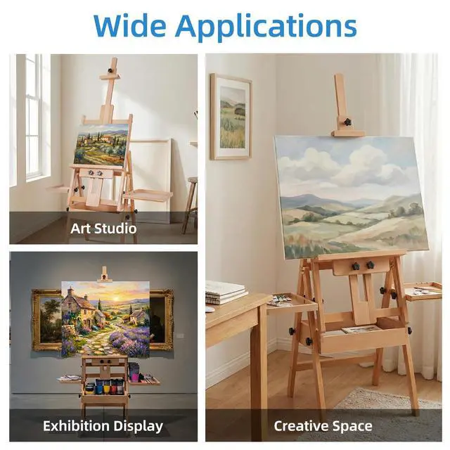 Alt view image 7 of 7 - Large Horizontal Wooden Painting Easel, Holds up to 50'' | H-Frame Studio Easel Stand with Storage Drawer and Palettes, Suitable for Adults, Beginners, and Artists