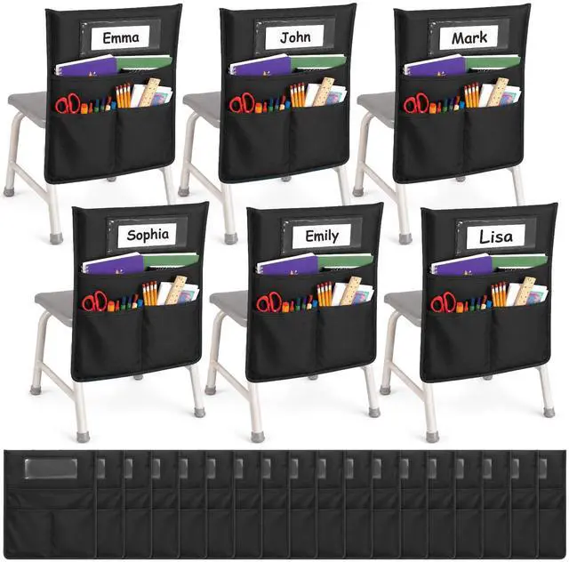 Main image of 24 Pack Chair Pockets for Classrooms, 16 x 19 Inch Black Seat Sacks | Chair Back Buddy Pockets with 3 Heavy Duty Storage Pocket, Ideal Chair Back Storage Organizer for Classroom & Home
