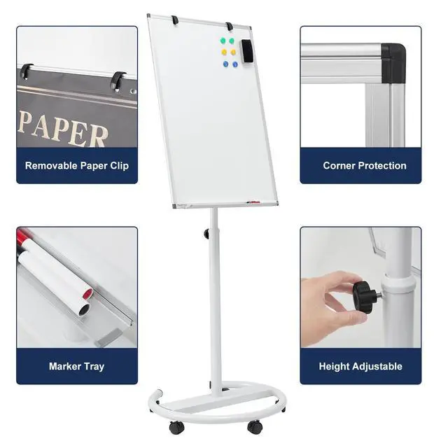Alt view image 5 of 7 - Mobile Whiteboard Standing - 36 X 24 Inches Magnetic Dry Erase Easel, Height Adjustable Rolling White Board on Wheels with Flip Chart Hooks, White