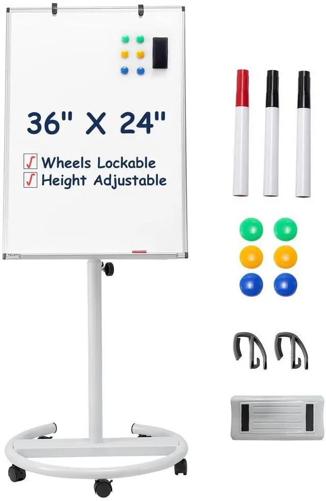 Main image of Mobile Whiteboard Standing - 36 X 24 Inches Magnetic Dry Erase Easel, Height Adjustable Rolling White Board on Wheels with Flip Chart Hooks, White