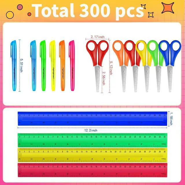 Alt view image 2 of 7 - 300 Pcs Back to School Supplies Kit, Include 100 Pcs 12 Inch Plastic Rulers 100 Pcs Assorted Colors Highlighters 100 Pcs Student Scissors for Kids Classroom Charity Donation Supplies (300)