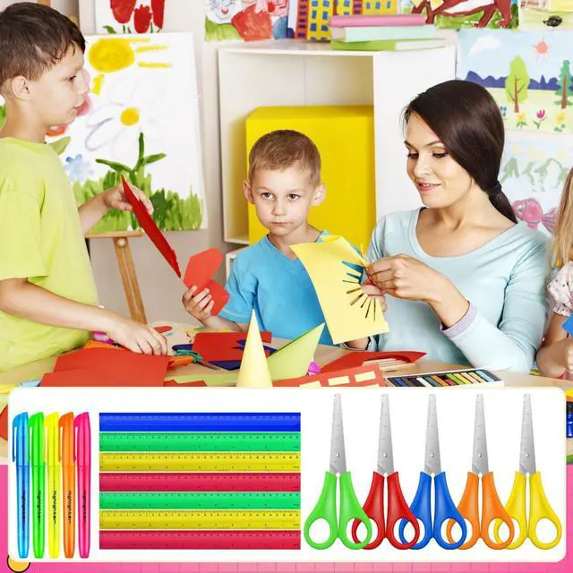 Alt view image 6 of 7 - 300 Pcs Back to School Supplies Kit, Include 100 Pcs 12 Inch Plastic Rulers 100 Pcs Assorted Colors Highlighters 100 Pcs Student Scissors for Kids Classroom Charity Donation Supplies (300)