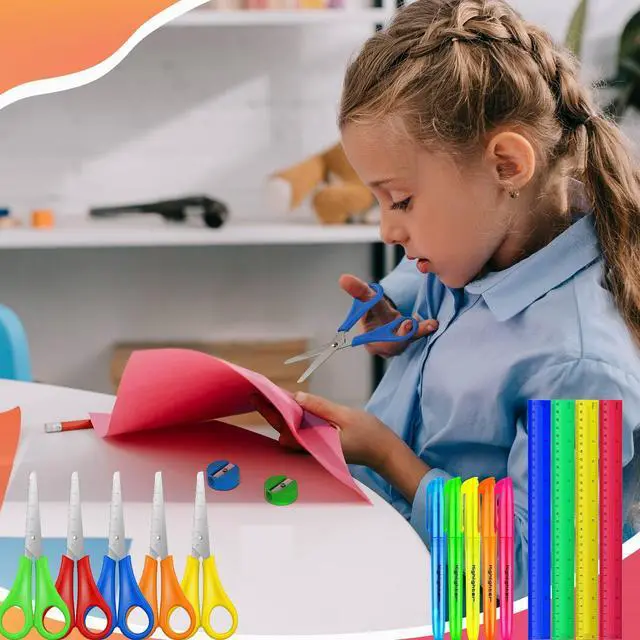 Alt view image 7 of 7 - 300 Pcs Back to School Supplies Kit, Include 100 Pcs 12 Inch Plastic Rulers 100 Pcs Assorted Colors Highlighters 100 Pcs Student Scissors for Kids Classroom Charity Donation Supplies (300)