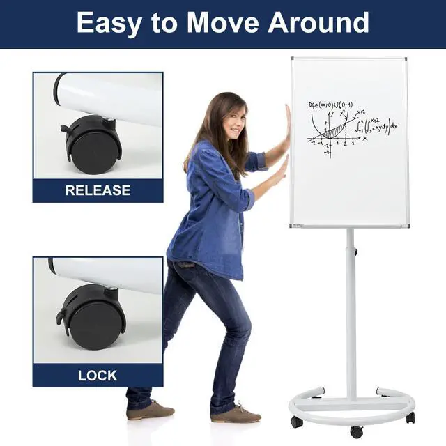 Alt view image 4 of 7 - Mobile Whiteboard Standing - 36 X 24 Inches Magnetic Dry Erase Easel, Height Adjustable Rolling White Board on Wheels with Flip Chart Hooks, White