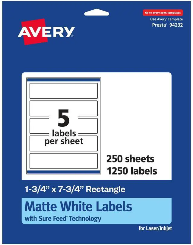 Main image of ® Matte White Rectangle Labels, Sure Feed® Technology, 1.75" x 7.75", 1,250 Matte White Printable Labels