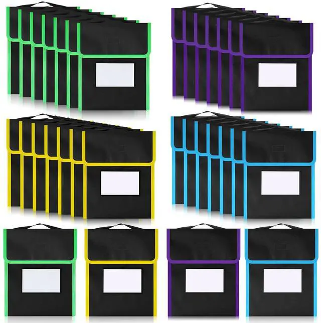Main image of 32 Pcs Medium Book Pouches for Classroom, Nylon Black Reading Book Bags for Student with Clear Name Tag, 10" x 12", Pocket on Handle Chair Pockets for Classroom Students School Home