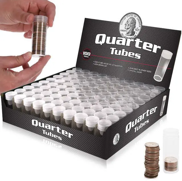Main image of Quarter Coin Storage Tubes - 100 Pack | Archival Quality Plastic Coin Holders, Screw-On Caps | Long-Term Coin Storage