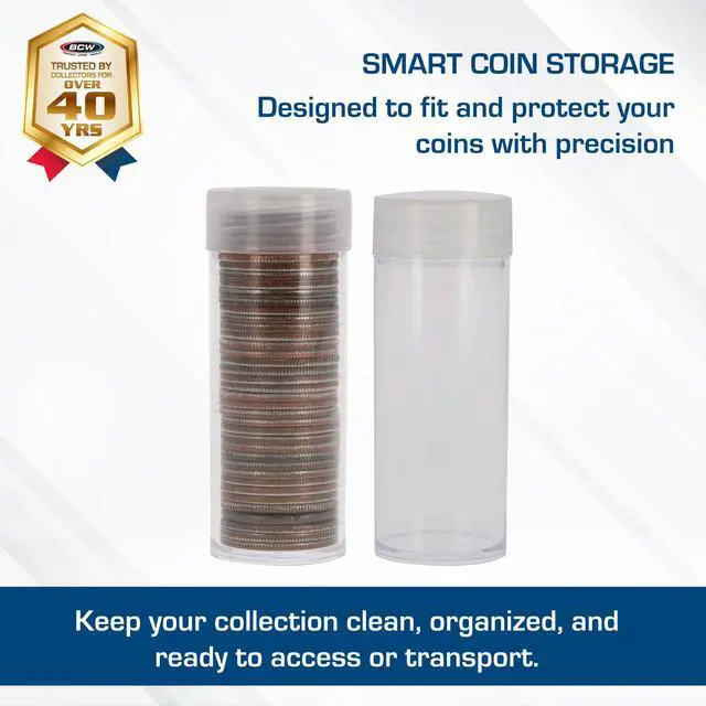 Alt view image 2 of 7 - Quarter Coin Storage Tubes - 100 Pack | Archival Quality Plastic Coin Holders, Screw-On Caps | Long-Term Coin Storage