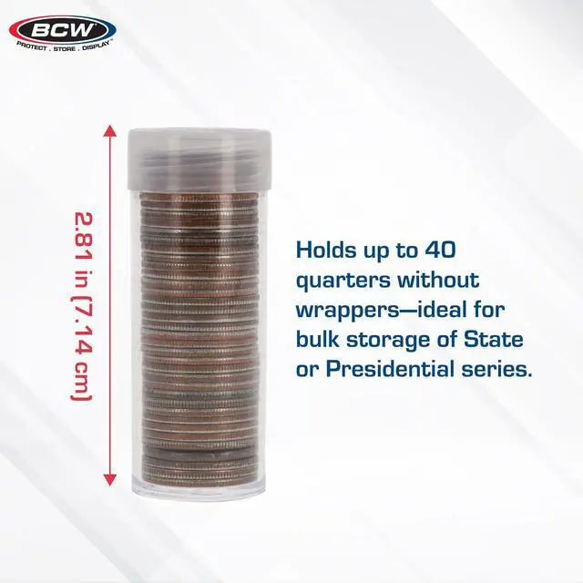 Alt view image 3 of 7 - Quarter Coin Storage Tubes - 100 Pack | Archival Quality Plastic Coin Holders, Screw-On Caps | Long-Term Coin Storage