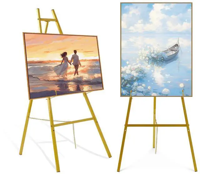 Main image of 57" Gold Easel Stand for Sign, Heavy Duty Metal Floor Display Easel | 4-Tier Adjustable Floor Display Easel for Wedding Signs, Welcome Signs, Posters, Mirrors, Pictures, Art, Parties & Paintings