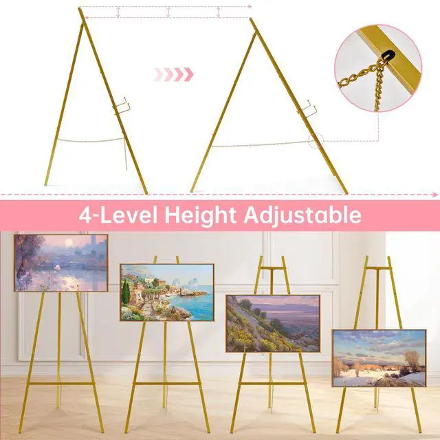 Alt view image 4 of 7 - 57" Gold Easel Stand for Sign, Heavy Duty Metal Floor Display Easel | 4-Tier Adjustable Floor Display Easel for Wedding Signs, Welcome Signs, Posters, Mirrors, Pictures, Art, Parties & Paintings