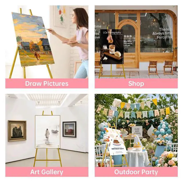 Alt view image 7 of 7 - 57" Gold Easel Stand for Sign, Heavy Duty Metal Floor Display Easel | 4-Tier Adjustable Floor Display Easel for Wedding Signs, Welcome Signs, Posters, Mirrors, Pictures, Art, Parties & Paintings