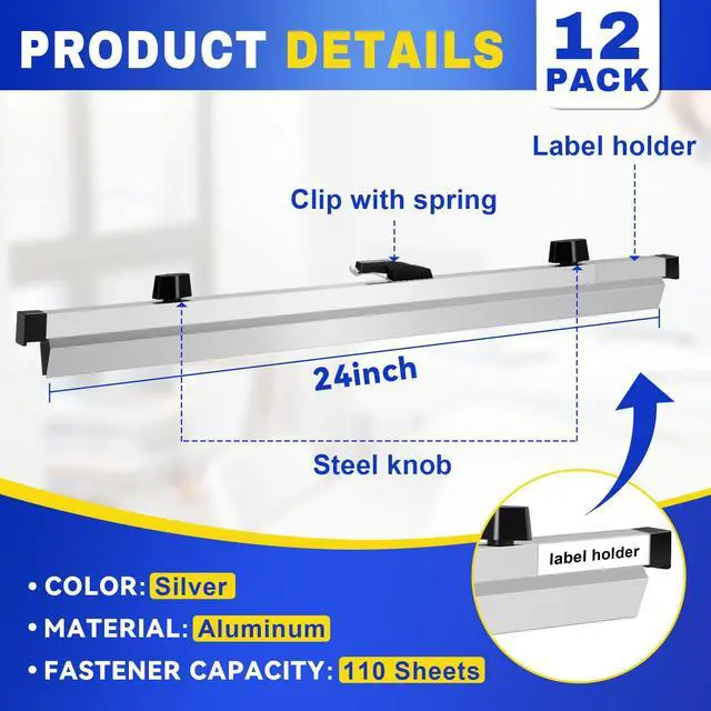 Alt view image 2 of 7 - Blueprint Hanging Clamps 24 Inch 12Pack, Aluminum Blueprint Holder | Print Rack Adjustable with Wing Knob Nuts, Binding Strips Storage for Construction Paper Poster Maps Plans Drawings Arts