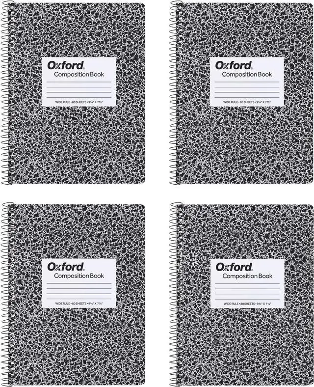 Main image of Spiral Composition Notebooks, Wide Ruled Paper, 9-3/4 x 7-1/2 Inches, 80 Sheets, Black Marble Cover (64950), 4 Count (Pack of 6)