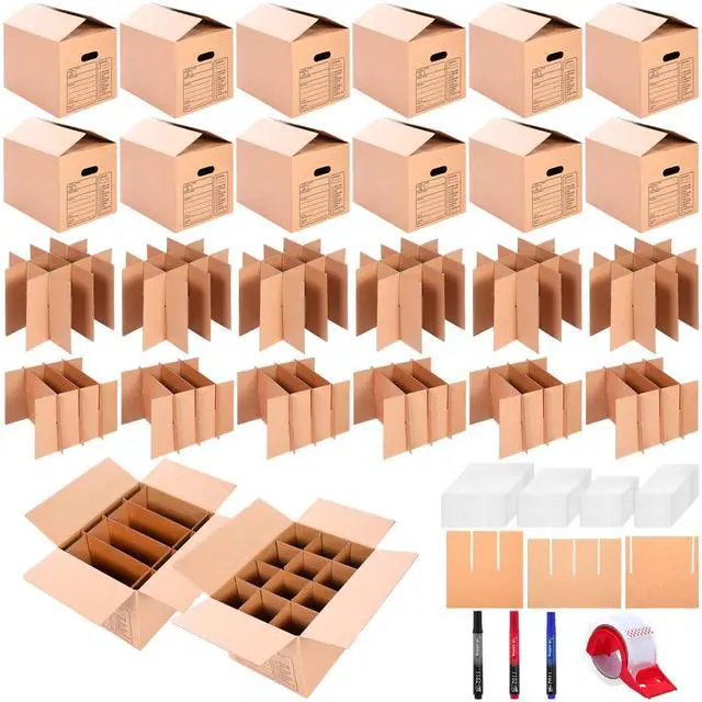 Main image of 12 Set Kitchen Moving Boxes with Handle Hole Kit, 16 x 12 x 13 Inch, Included Glassware Moving Divider Kits Foam Pouches Cup and Plate Box Tape Rolls for Kitchen Packing Transportation