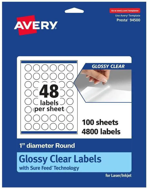 Main image of ® Glossy Clear Round Labels, Sure Feed® Technology, 1" Diameter, 4,800 Glossy Clear Labels, Print-To-The-Edge, Laser/Inkjet Printable