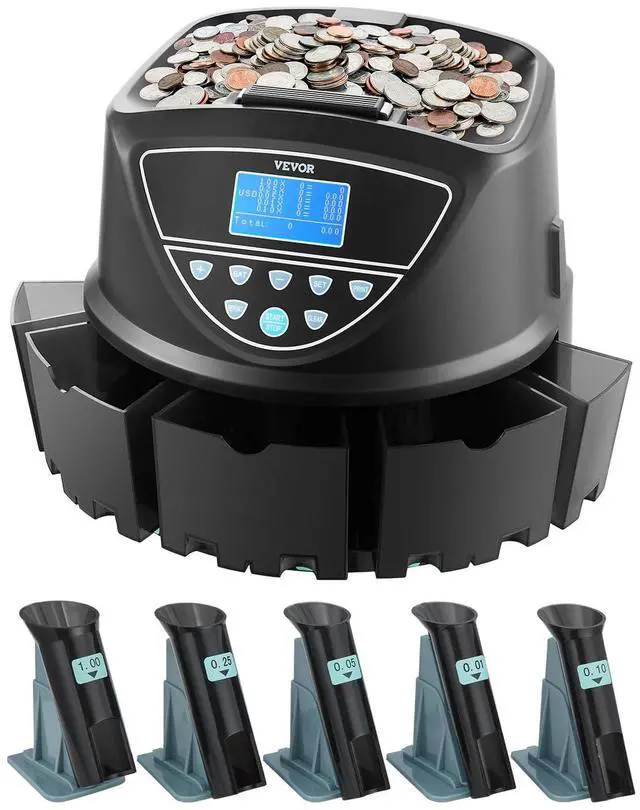 Main image of Upgraded Coin Counter, Coin Sorter and Wrapper Machine with Handle, Intuitive Large Display, Change Counter for USD Coins 1 5 10 25 $1, Sorts up to 300 Coins/Min, with 5 Coin Tubes & 5 Trays