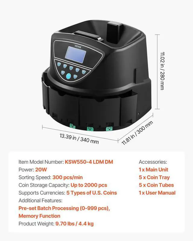 Alt view image 7 of 7 - Upgraded Coin Counter, Coin Sorter and Wrapper Machine with Handle, Intuitive Large Display, Change Counter for USD Coins 1 5 10 25 $1, Sorts up to 300 Coins/Min, with 5 Coin Tubes & 5 Trays