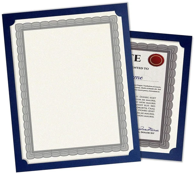 Main image of Fine Stationary Certificate Holders | Plain Blue, 50 Count, 9-1/2" x 12", Linen Cover, 80 lb. Stock, Single-Sided, Die-Cut Corners, For Office, School, and more