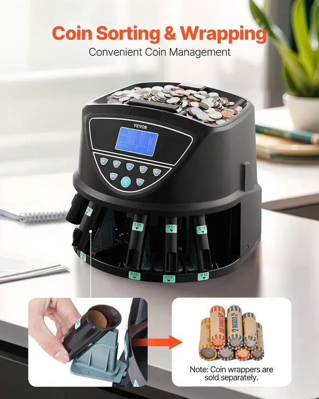 Alt view image 5 of 7 - Upgraded Coin Counter, Coin Sorter and Wrapper Machine with Handle, Intuitive Large Display, Change Counter for USD Coins 1 5 10 25 $1, Sorts up to 300 Coins/Min, with 5 Coin Tubes & 5 Trays