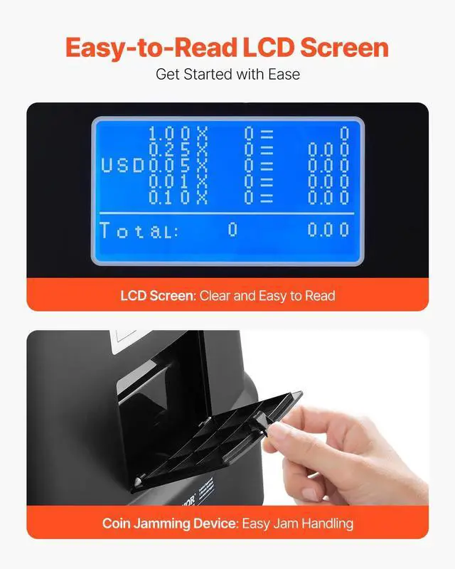 Alt view image 4 of 7 - Upgraded Coin Counter, Coin Sorter and Wrapper Machine with Handle, Intuitive Large Display, Change Counter for USD Coins 1 5 10 25 $1, Sorts up to 300 Coins/Min, with 5 Coin Tubes & 5 Trays