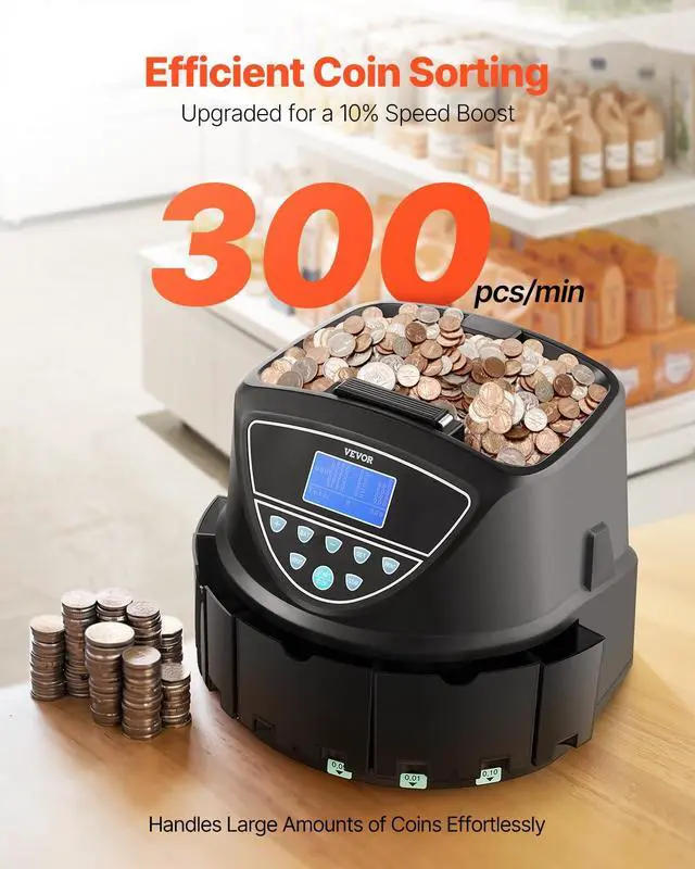 Alt view image 2 of 7 - Upgraded Coin Counter, Coin Sorter and Wrapper Machine with Handle, Intuitive Large Display, Change Counter for USD Coins 1 5 10 25 $1, Sorts up to 300 Coins/Min, with 5 Coin Tubes & 5 Trays