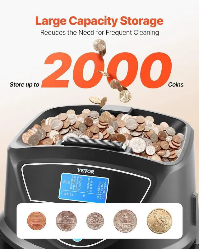 Alt view image 3 of 7 - Upgraded Coin Counter, Coin Sorter and Wrapper Machine with Handle, Intuitive Large Display, Change Counter for USD Coins 1 5 10 25 $1, Sorts up to 300 Coins/Min, with 5 Coin Tubes & 5 Trays