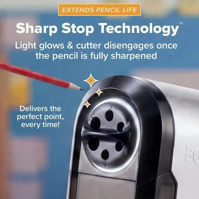 Alt view image 7 of 7 - Office SuperPro Glow Electric Pencil Sharpener, Sharpens Standard & Colored Pencils, Heavy Duty Commercial Classroom, Replaceable Cutter Cartridge System, 6-Hole, Silver/Black