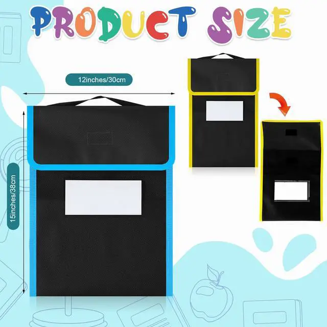Alt view image 2 of 6 - 32 Pcs Large Book Pouch for Classroom Nylon Fabric Book Bag with Stitched on Handle and Clear Name Tag Pocket Neon Color Trim Black Reading Bag for Student Homework Read Supply, 15 x 12 Inch