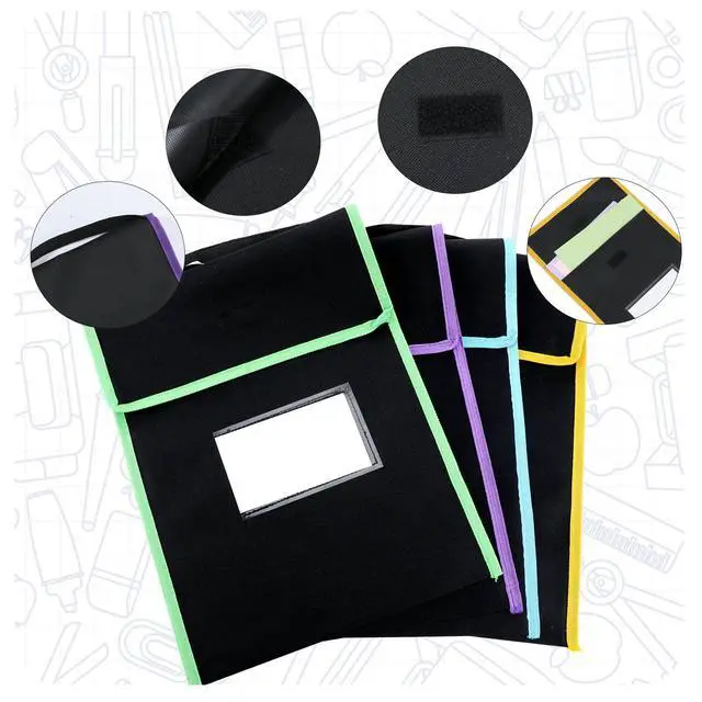 Alt view image 3 of 6 - 32 Pcs Large Book Pouch for Classroom Nylon Fabric Book Bag with Stitched on Handle and Clear Name Tag Pocket Neon Color Trim Black Reading Bag for Student Homework Read Supply, 15 x 12 Inch